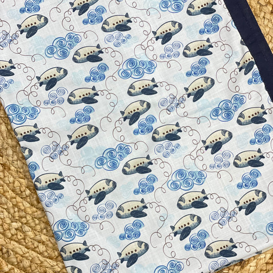 Sky Blue Airplane Print Baby Quilt – Soft Cotton Blanket with Navy Blue Border | Varsaca