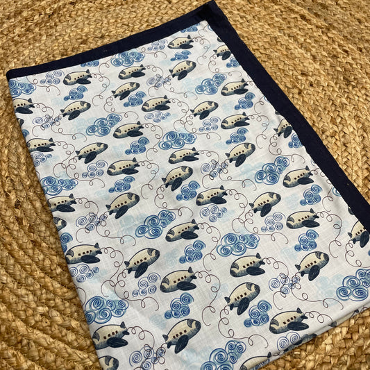 Sky Blue Airplane Print Baby Quilt – Soft Cotton Blanket with Navy Blue Border | Varsaca