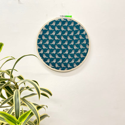 Teal Blue Bird Print Embroidery Hoop – Cotton Fabric | Upcycled Material | Multiple Sizes