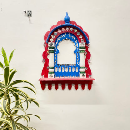 Handmade Wooden Mirror Work Red And Blue Medium Size Jharoka