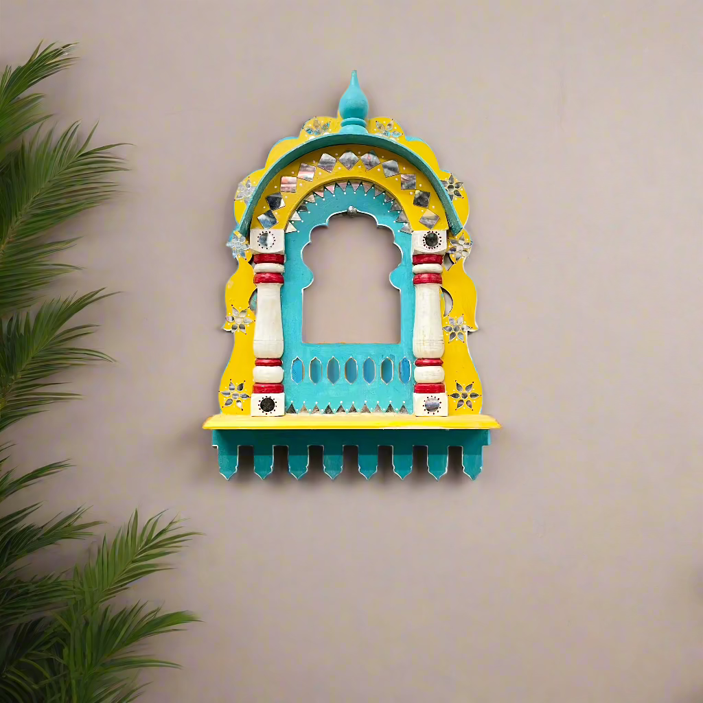 Handmade Wooden Mirror Work Yellow And Blue Medium Size Jharoka