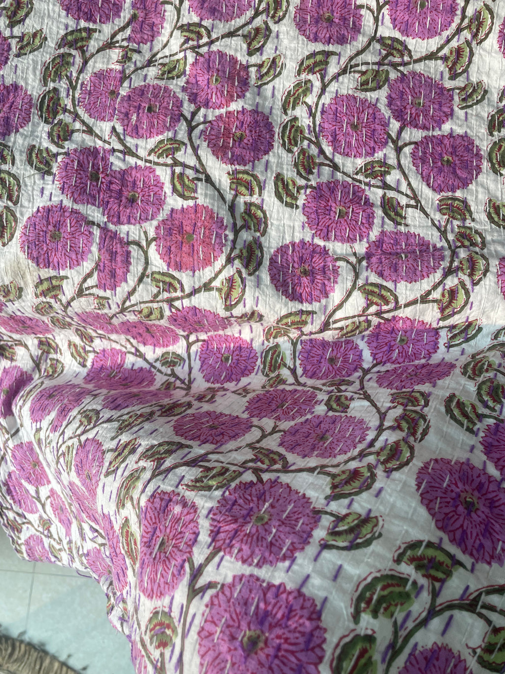Handmade Kantha Work Lavender Floral Print Blackout Curtain | Unique Design