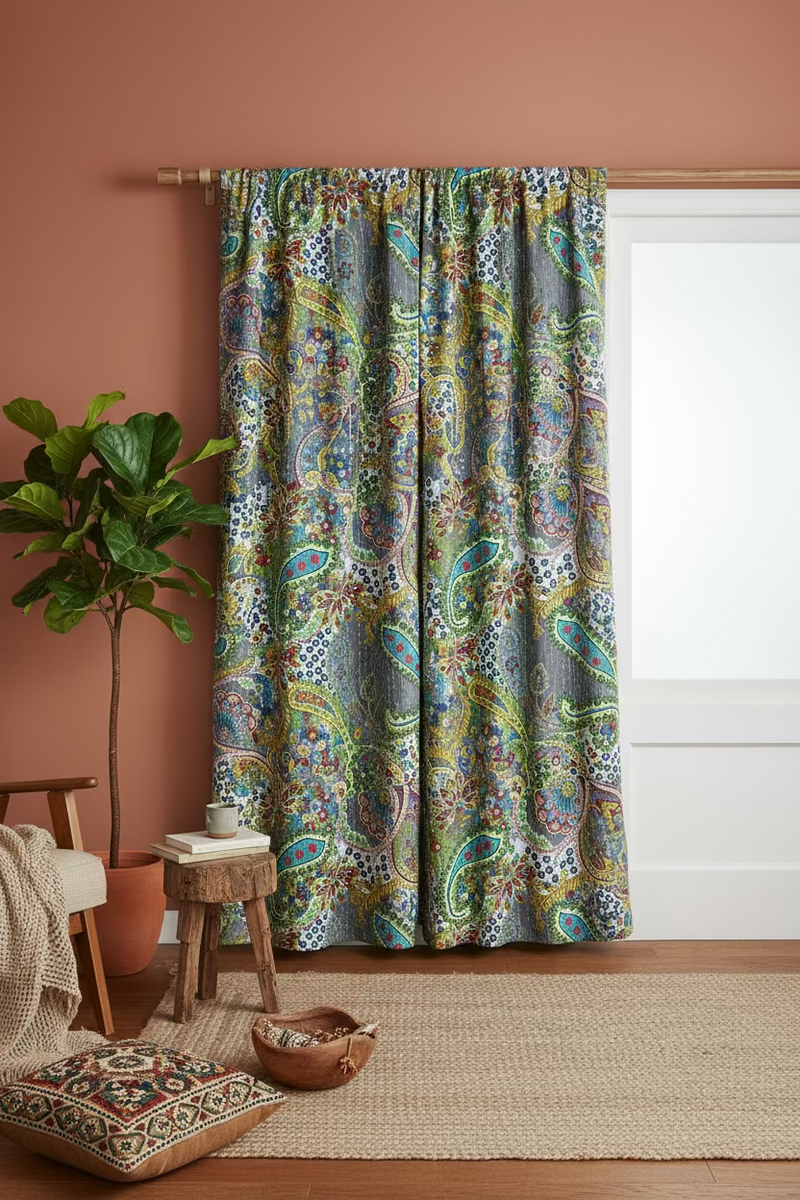 Handmade Kantha Work Grey Tropical Floral Print Blackout Curtain | Unique Design