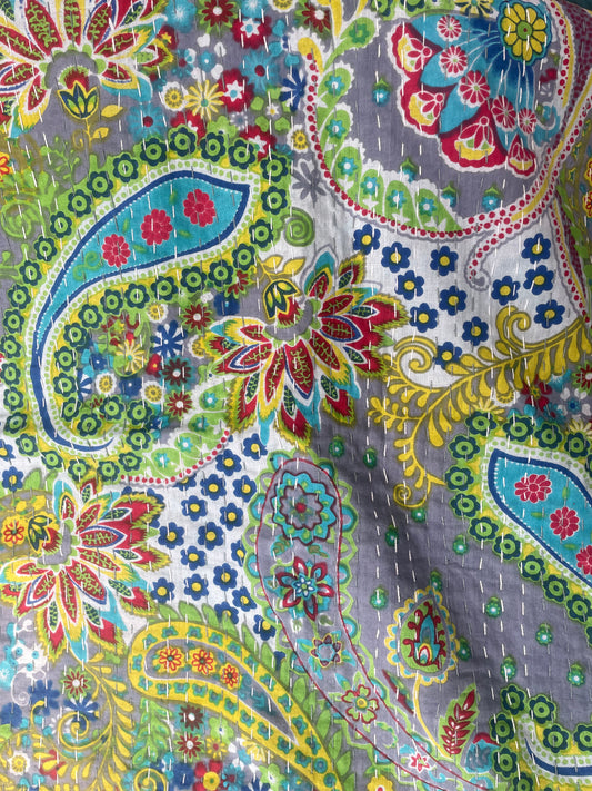 Handmade Kantha Work Grey Tropical Floral Print Blackout Curtain | Unique Design