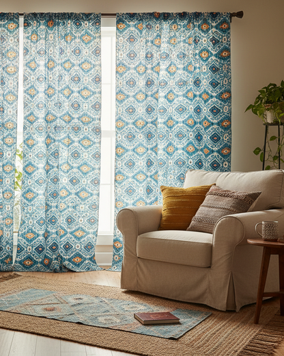 Handmade Kantha Work Patola Blue Print Blackout Curtain | Unique Design