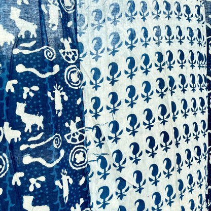 White Hand Block Printed Curtain with Blue Motifs and Indigo Border