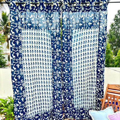 White Hand Block Printed Curtain with Blue Motifs and Indigo Border