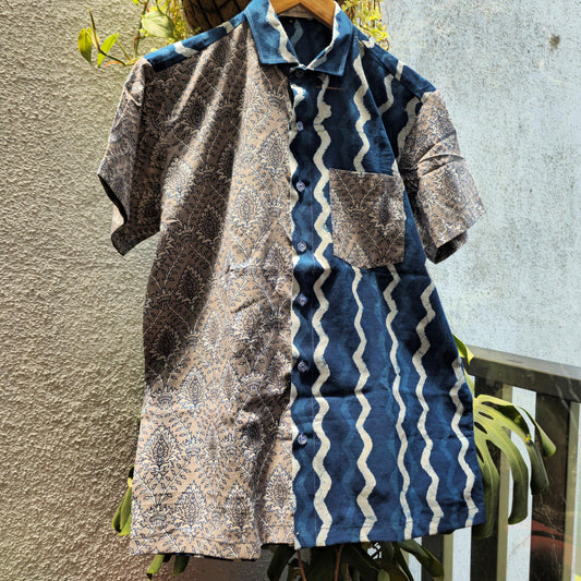 Indigo Blue And Grey Half Half Pattern Men Shirt