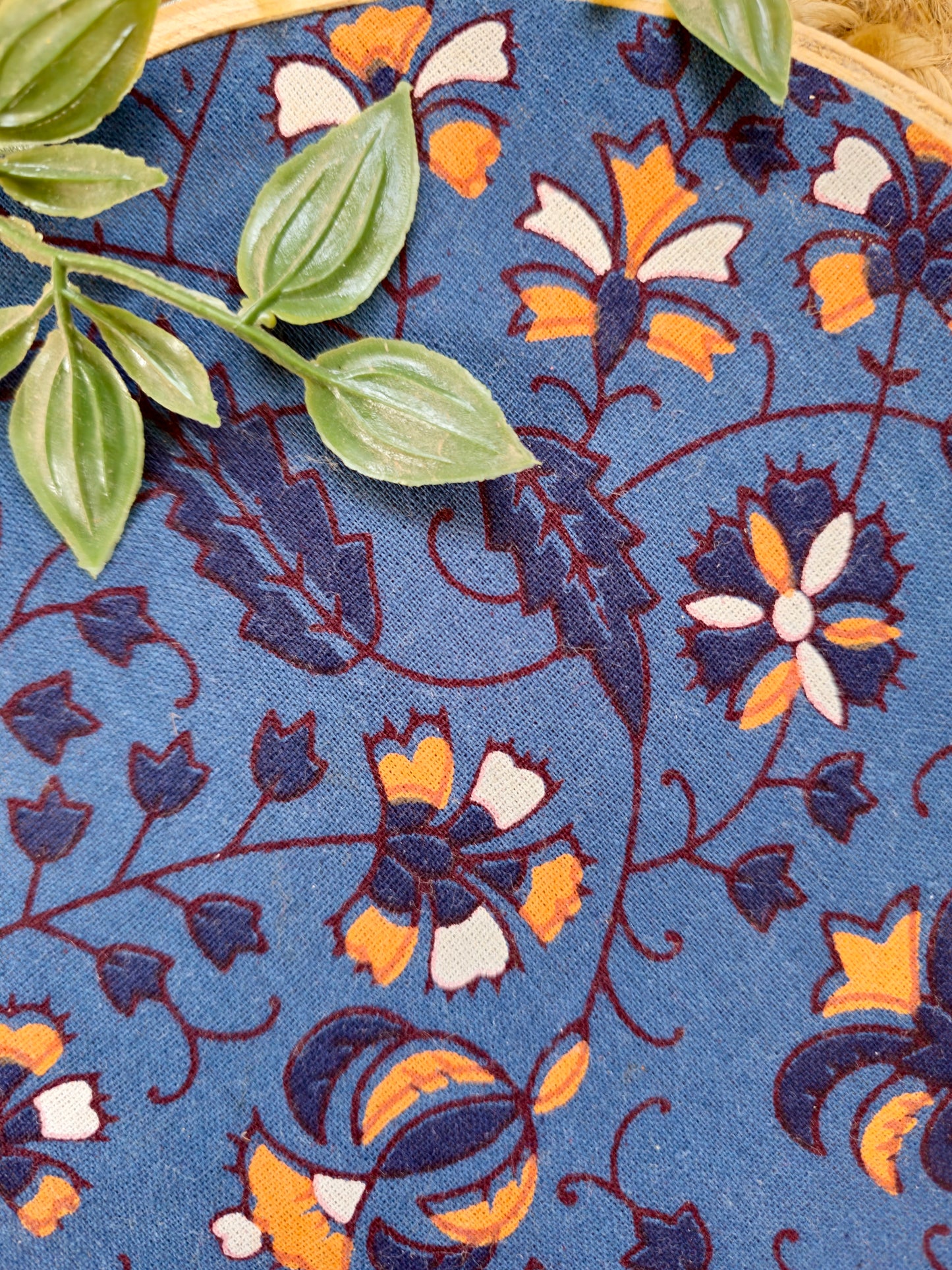 Indigo Blue Embroidery Hoop with Orange Floral Motifs- Varsaca
