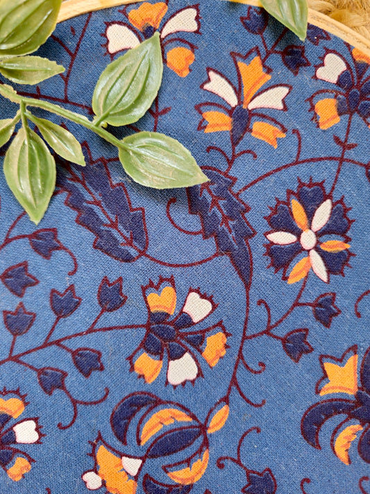 Indigo Blue Embroidery Hoop with Orange Floral Motifs- Varsaca