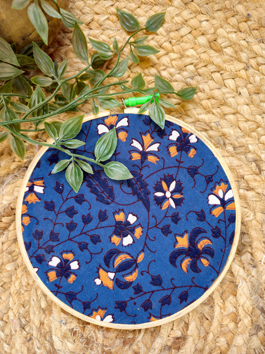 Indigo Blue Embroidery Hoop with Orange Floral Motifs