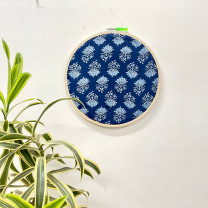 Indigo and White Floral Motif Embroidery Hoop – Upcycled Fabric | Multiple Sizes