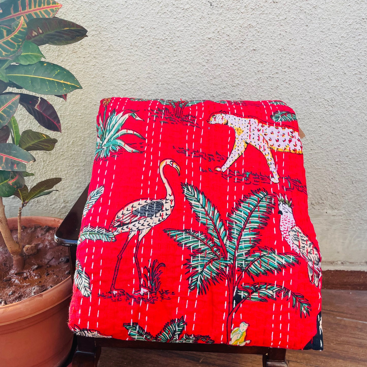 Jungle Print Red Kantha Work Bedcover