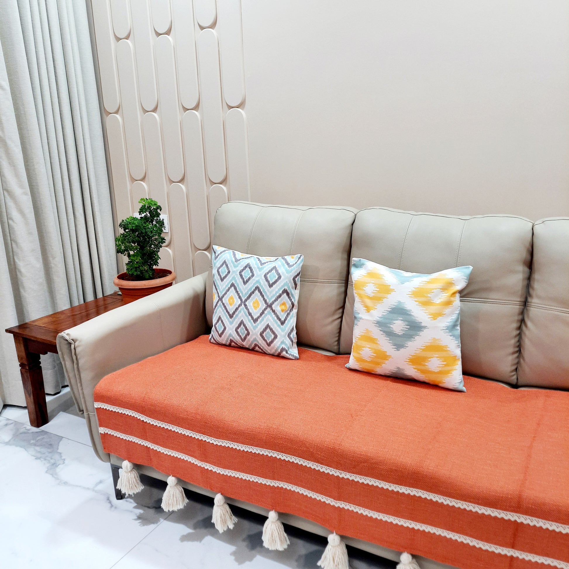 Jute cotton sofa cover lace and tassels Orange 
