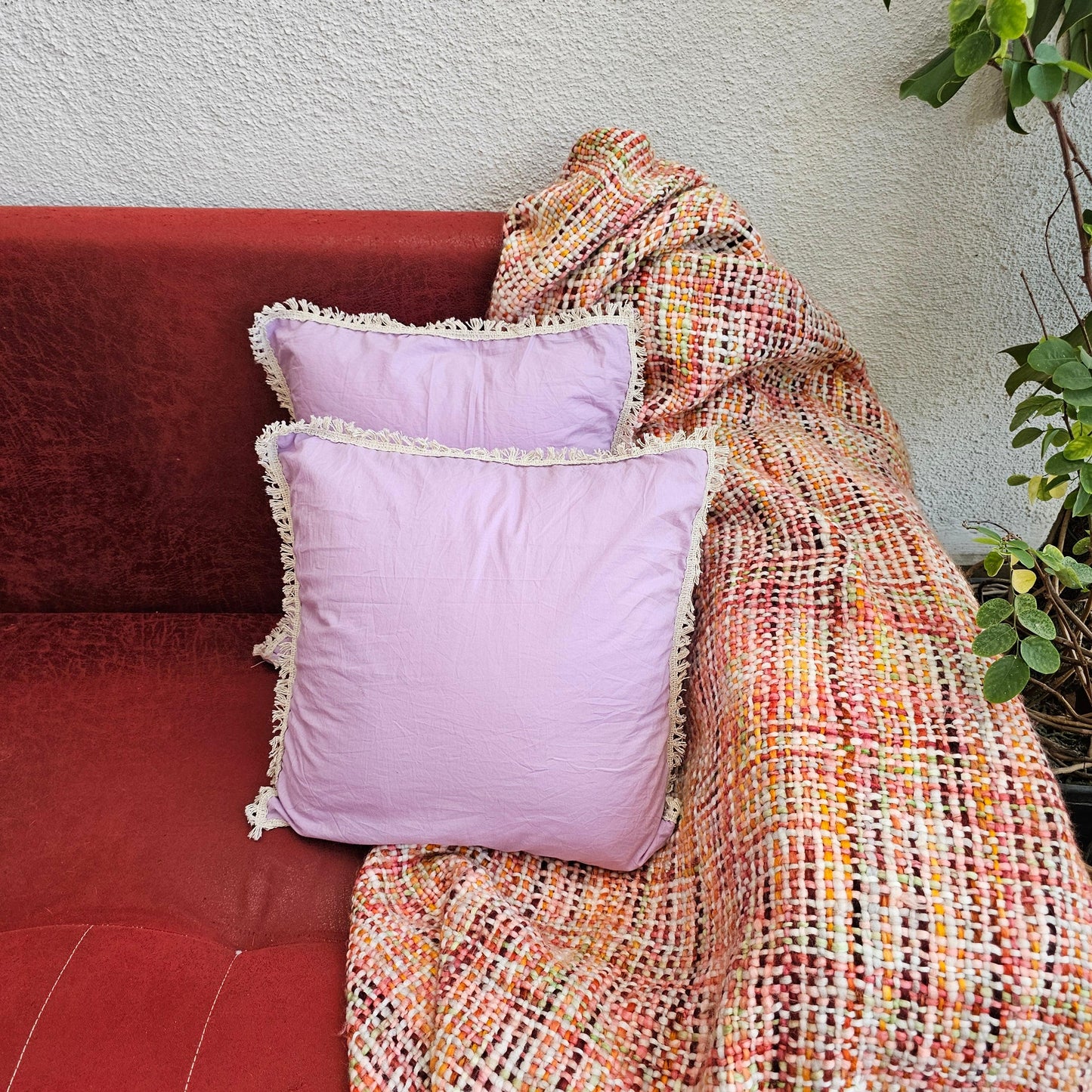 Lavender Colour Handcrafted Cushion Cover With Off White Lace