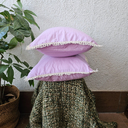 Lavender Colour Handcrafted Cushion Cover With Off White Lace