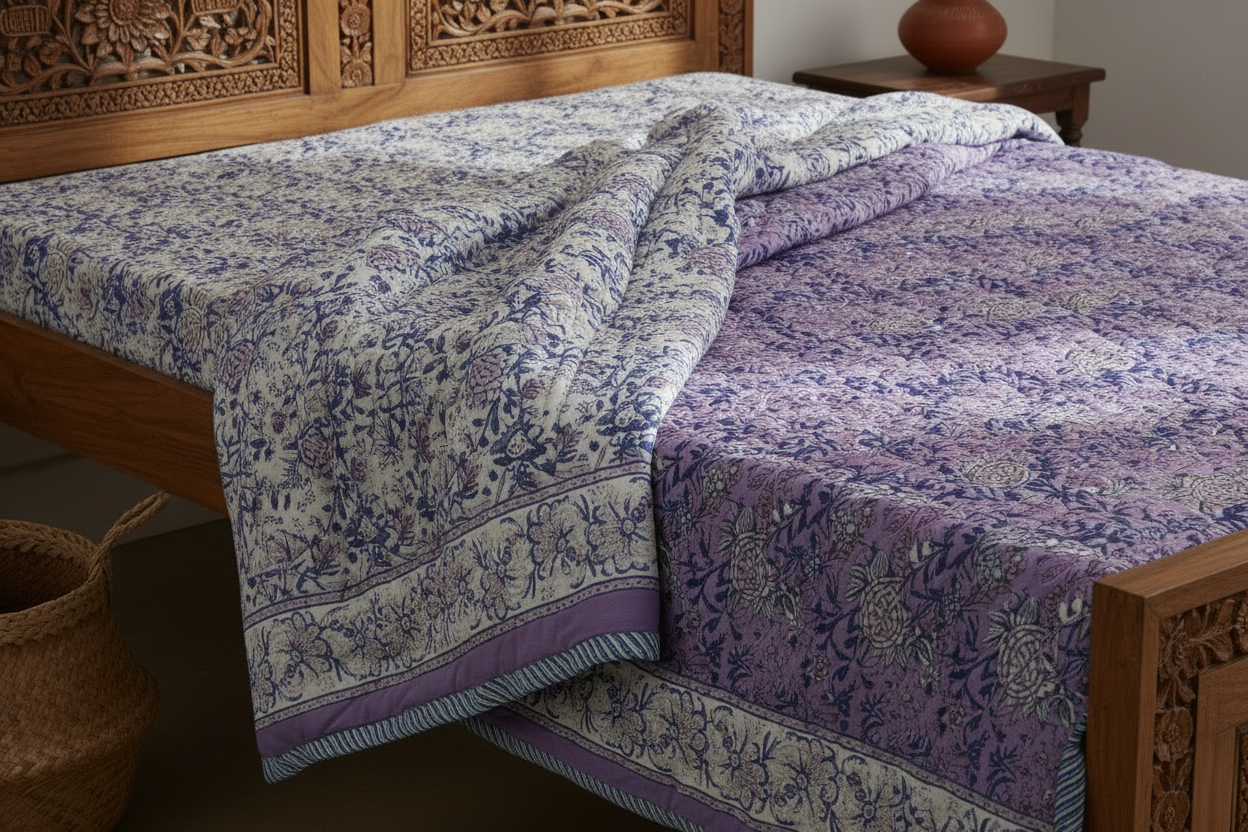 Purple & Blue Floral Reversible Mul Cotton Quilt | Authentic Jaipuri Razai