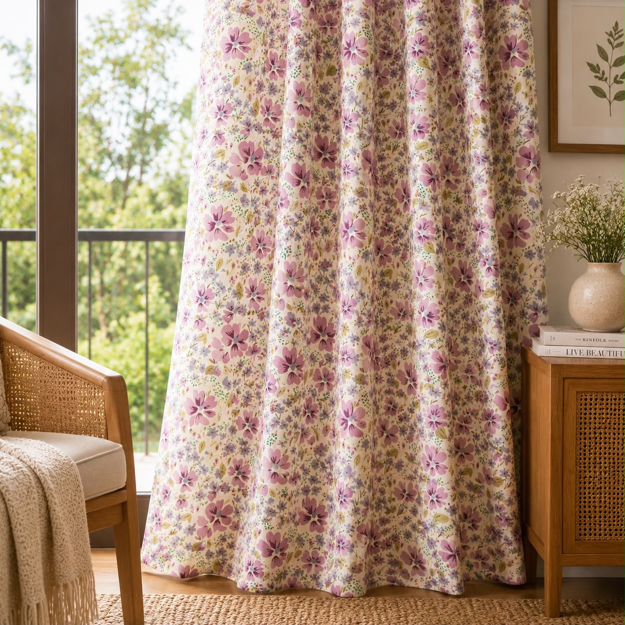Floral curtain panel hanging in a sunlit room, with a cream background and pink, purple, and yellow flower print. The curtain is styled in a home setting next to a wooden chair and side table.