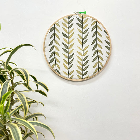 Leaf Vine Embroidery Hoop in Shades of Green on White Fabric – Upcycled Material | Multiple Sizes