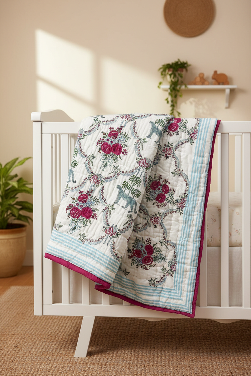 Reversible Baby Jaipuri Quilt (Razai) | Leopard & Floral Trellis Handblock Cotton 60x45