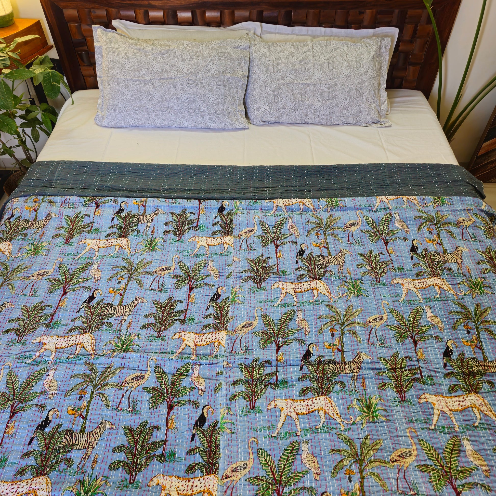 Light Blue And Grey Kantha Work Animal Print Bedcover