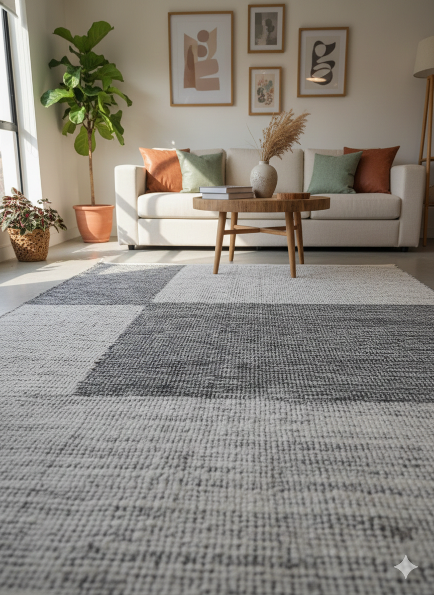Living room with a gray patterned rug, sofa, and coffee table.
