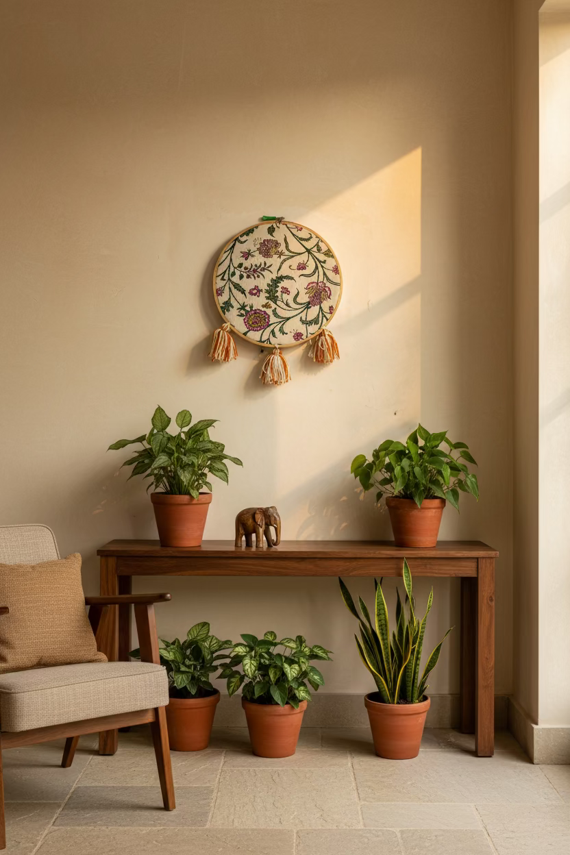 Living room with a wooden table, potted plants, and a decorative wall piece.