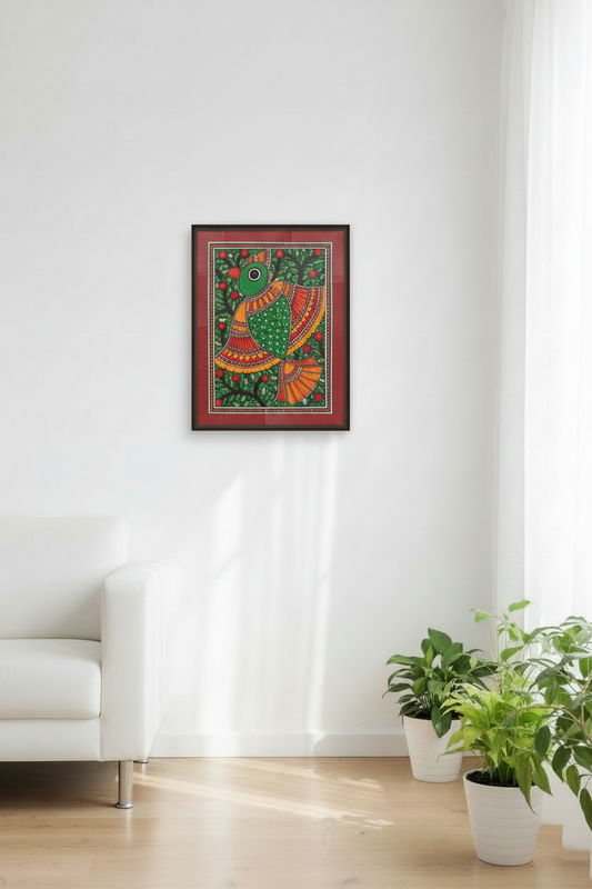 Framed colorful artwork on a white wall with plants on a wooden floor.