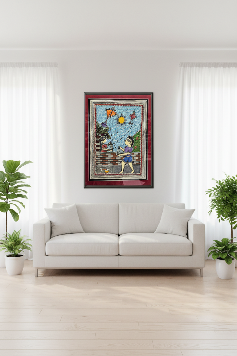 Framed artwork of a child flying kites on a wall above a white sofa in a bright room with plants.