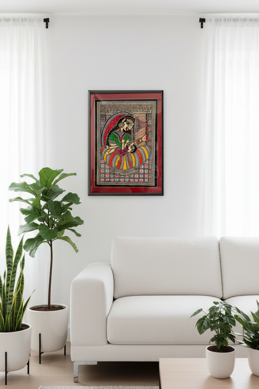 Madhubani Hand-Painted Wall Frame – Mother & Child Folk Art