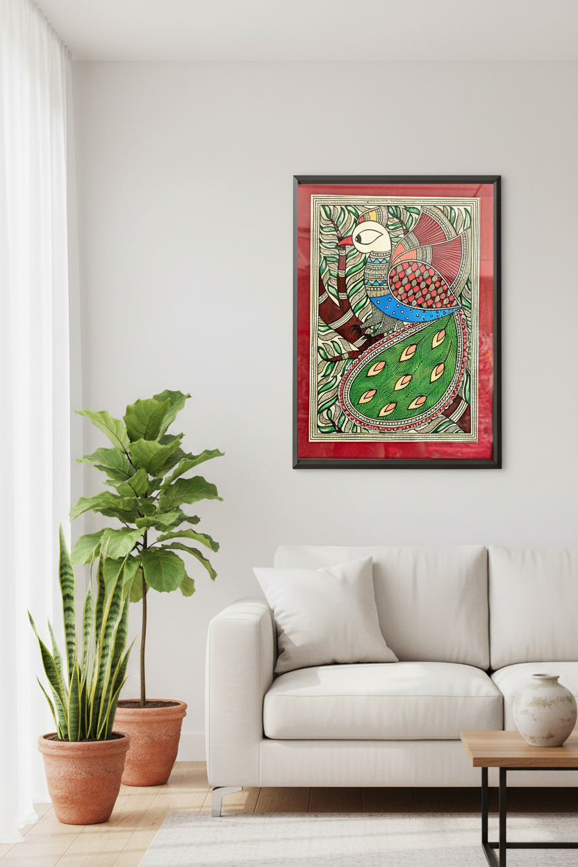 Framed artwork on a wall above a sofa in a living room with plants.
