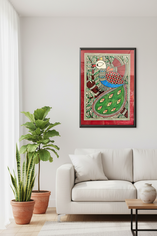 Framed artwork on a wall above a sofa in a living room with plants.