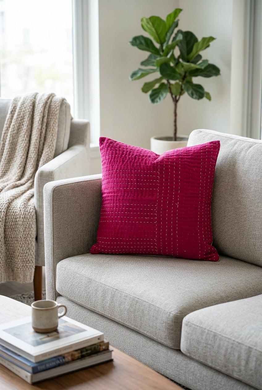 Square magenta pink cotton cushion cover with white hand-stitched Kantha running embroidery laid flat on a light floor surface.