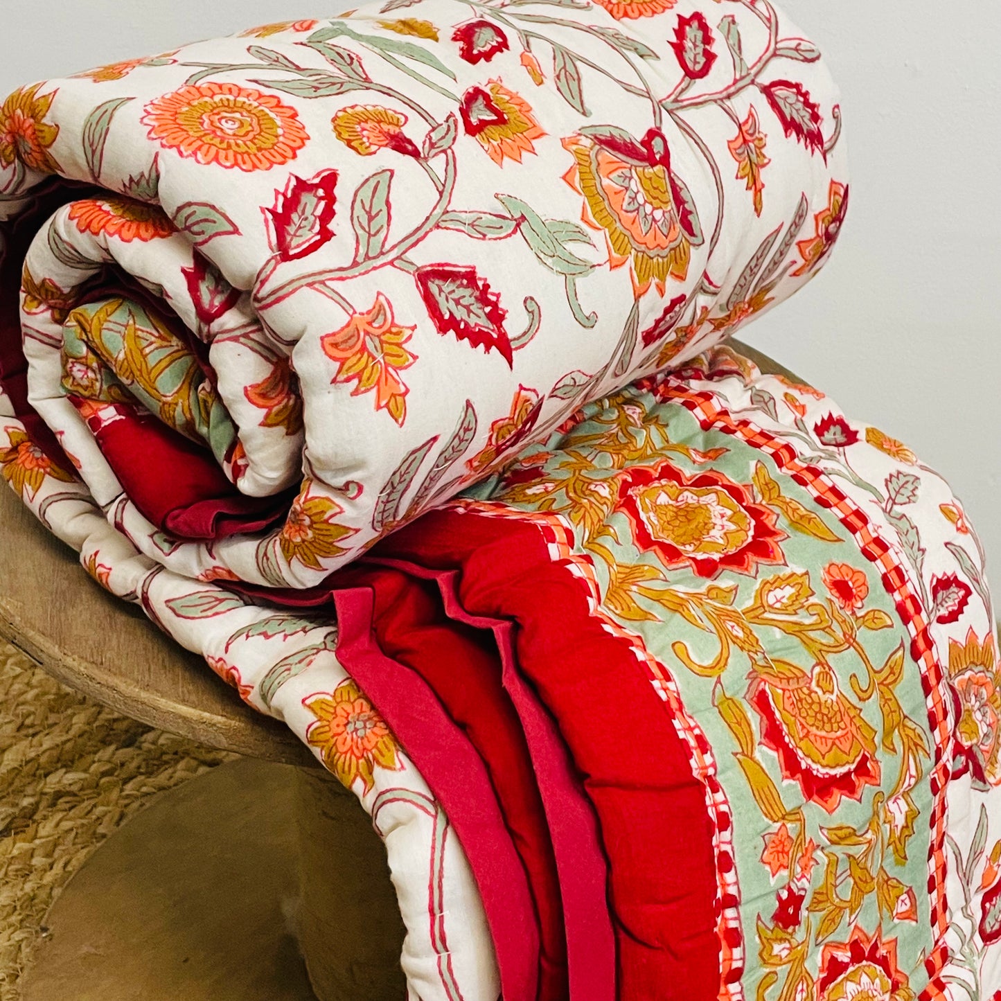 Maroon Floral Handblock Print Detail on Organic Mul Cotton Baby Quilt – Jaipur Craft”