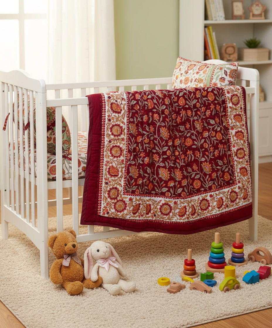 Maroon & Orange Floral Handblock Cotton Blanket