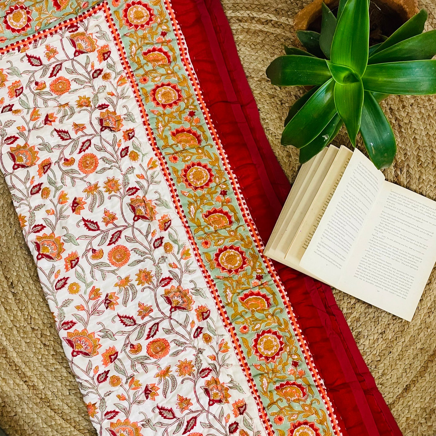 Orange Floral Handblock Printed Side of Reversible Jaipuri Baby Quilt – Mulmul Cotton Razai 60x45”