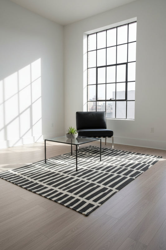 Modern room with a black and white striped rug, black chair, and glass table.