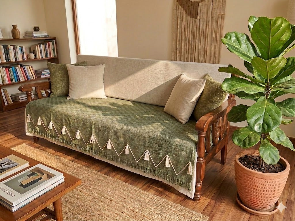Moss green handloom seating runner on a 3-seater wooden sofa with cream zig-zag tassels.