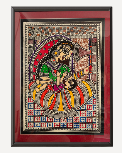 Framed traditional art piece with a colorful depiction of a figure on a patterned background.