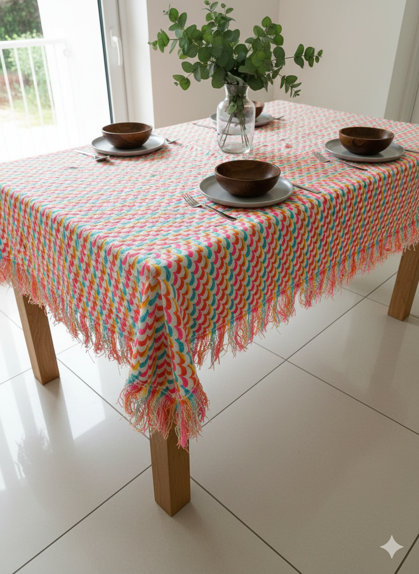 Dining table with a colorful striped tablecloth, plates, and bowls.