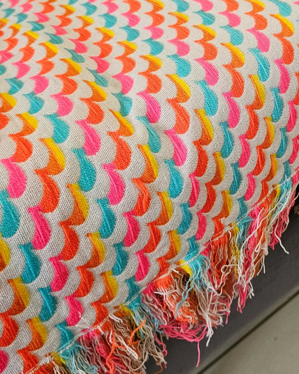 Colorful patterned blanket draped over a piece of furniture.