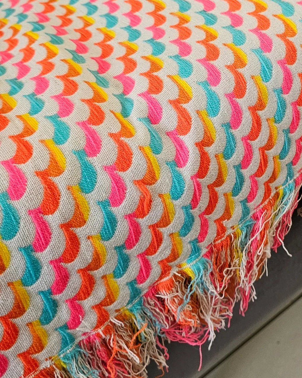 Colorful patterned blanket draped over a piece of furniture.