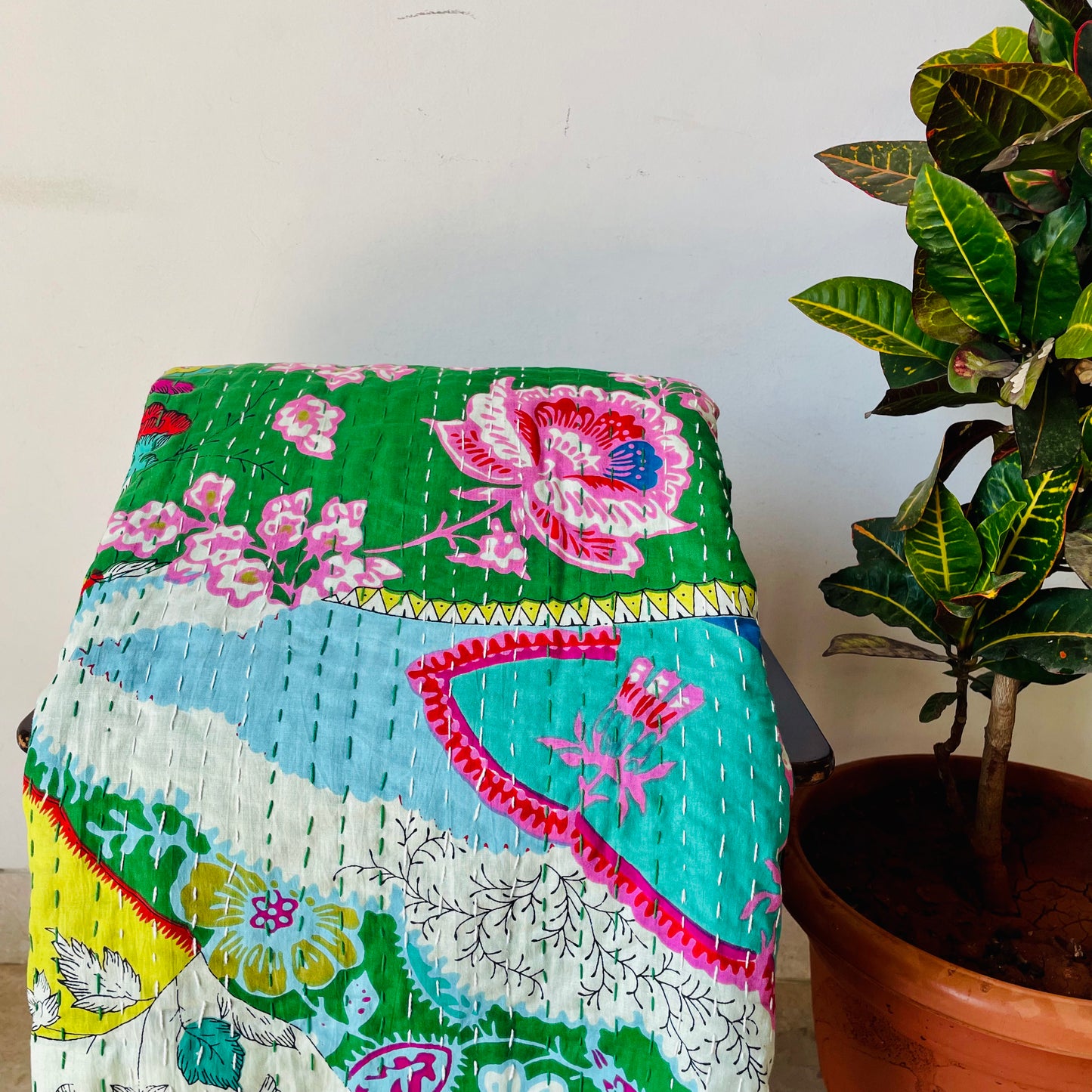 Multicolor Kantha Work Floral Bedcover