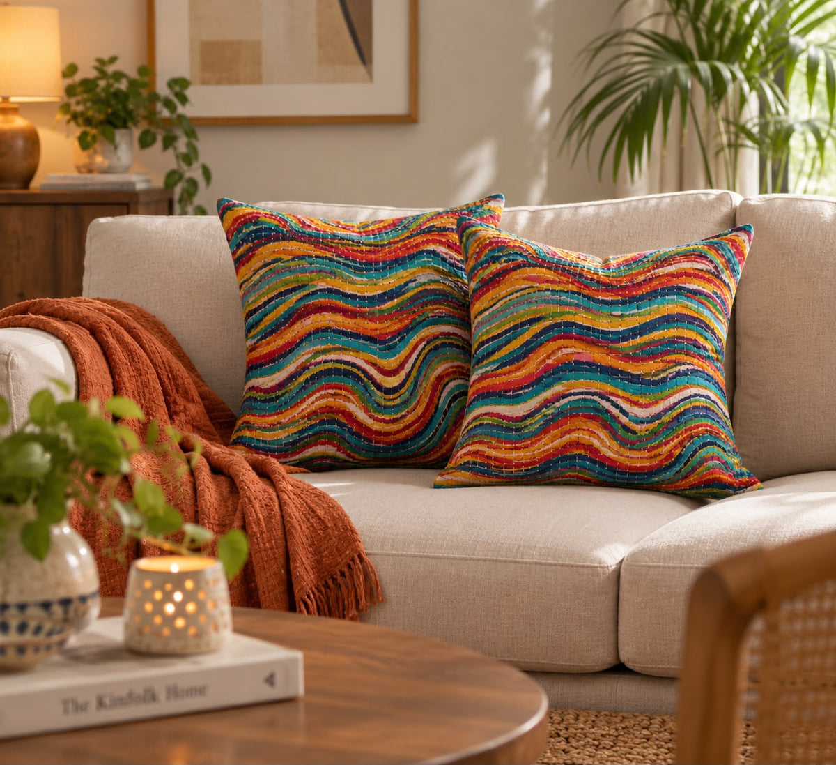Multicolor Wavy Stripe Kantha Cushion Cover