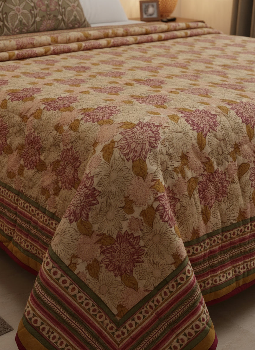 Decorative quilt with floral pattern and cylindrical fabric roll with striped pattern on a white background