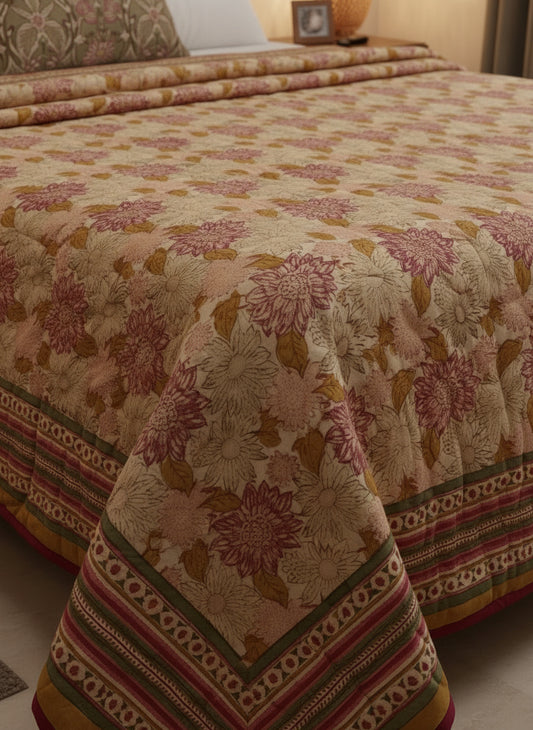 Decorative quilt with floral pattern and cylindrical fabric roll with striped pattern on a white background