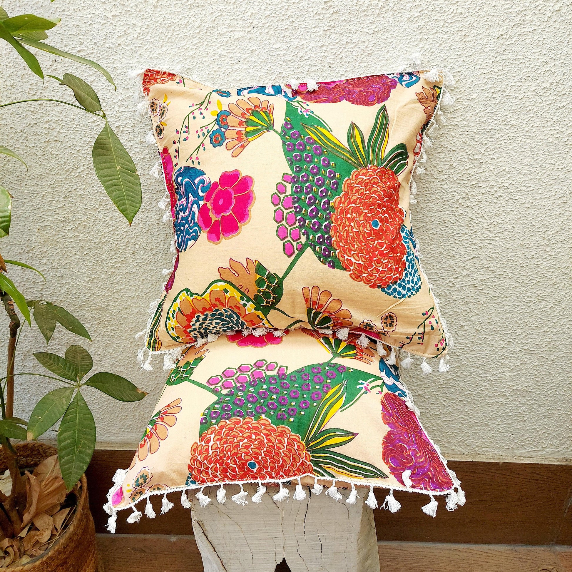Multicolour Flower Print Pure Cotton Cushion Cover With White Lace