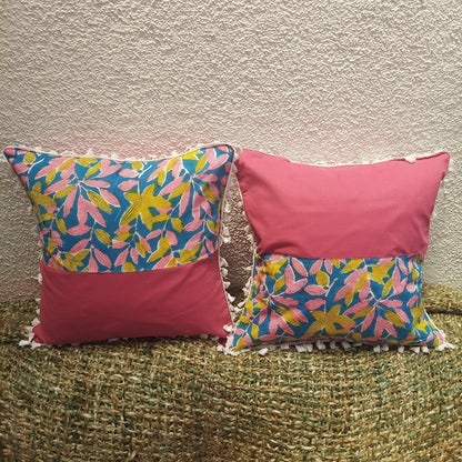 Multicolour Pure Cotton Handcrafted Cushion Cover With White Lace
