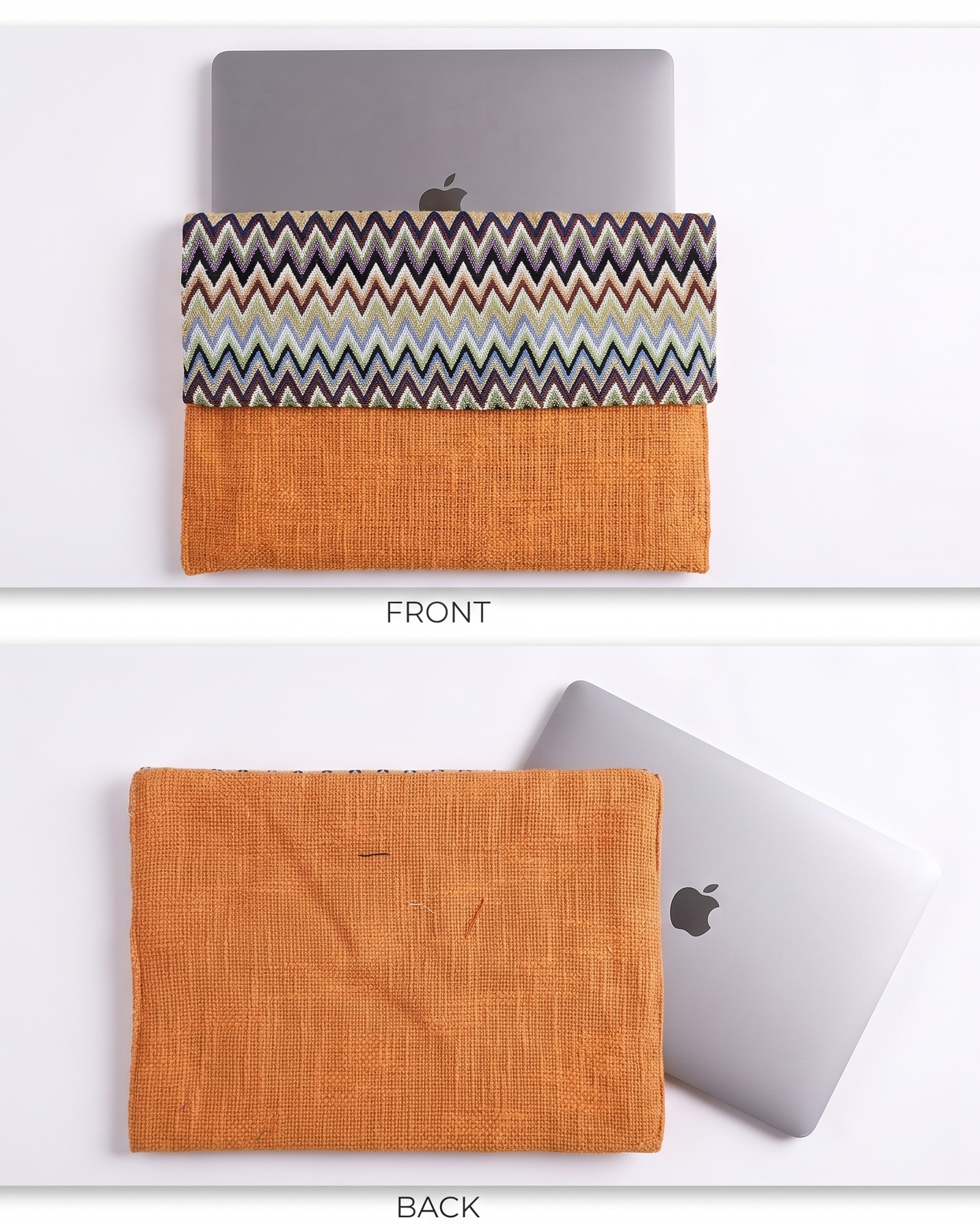 A two-panel product display showing a laptop sleeve from both the front and back. The top panel, labeled FRONT, shows a silver laptop partially tucked into the sleeve, which has a multicolor chevron pattern on the upper half and a solid orange lower half.