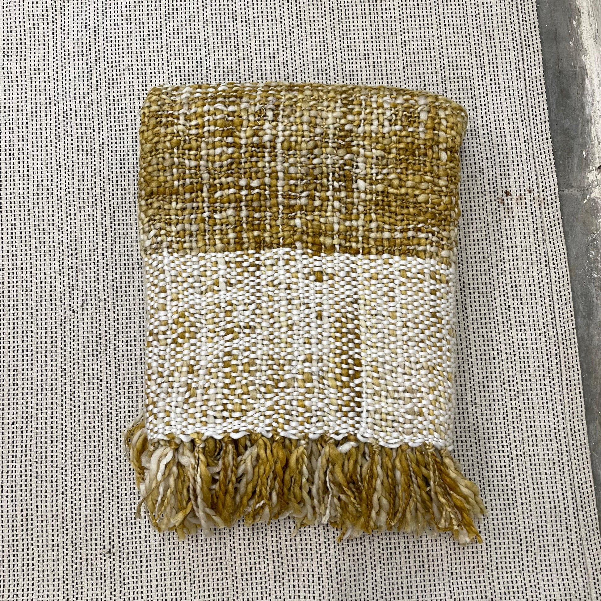 Mustard Yellow Acrylic Sofa Throw with White Borders and Tassels | Cozy Decorative Blanket
